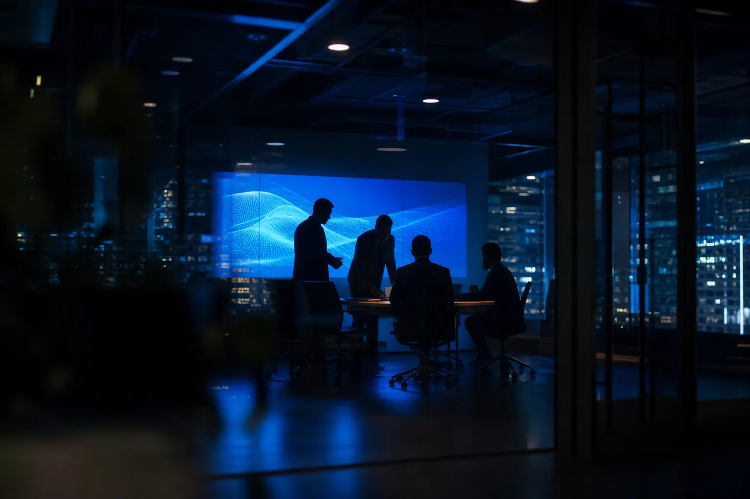 Dark office at night with silhouetted people lit by a glowing blue display wall