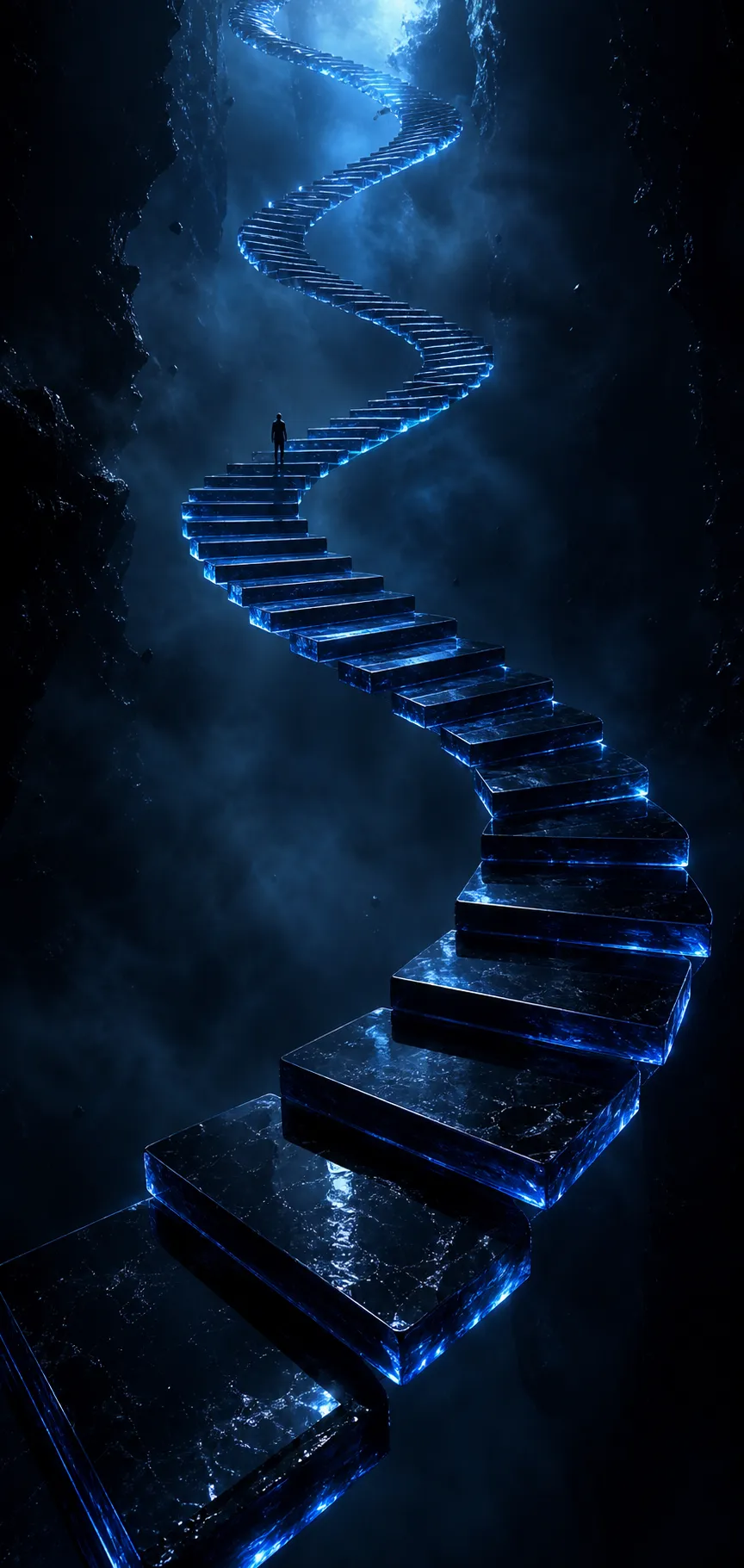 Spiral staircase of glowing glass steps ascending through darkness