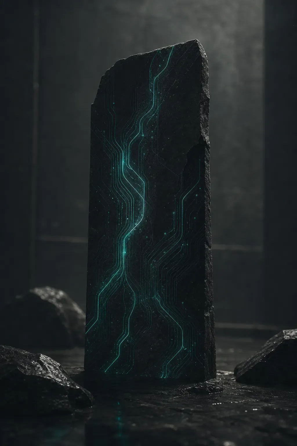 Dark stone monolith traced with glowing mint-teal circuit lines
