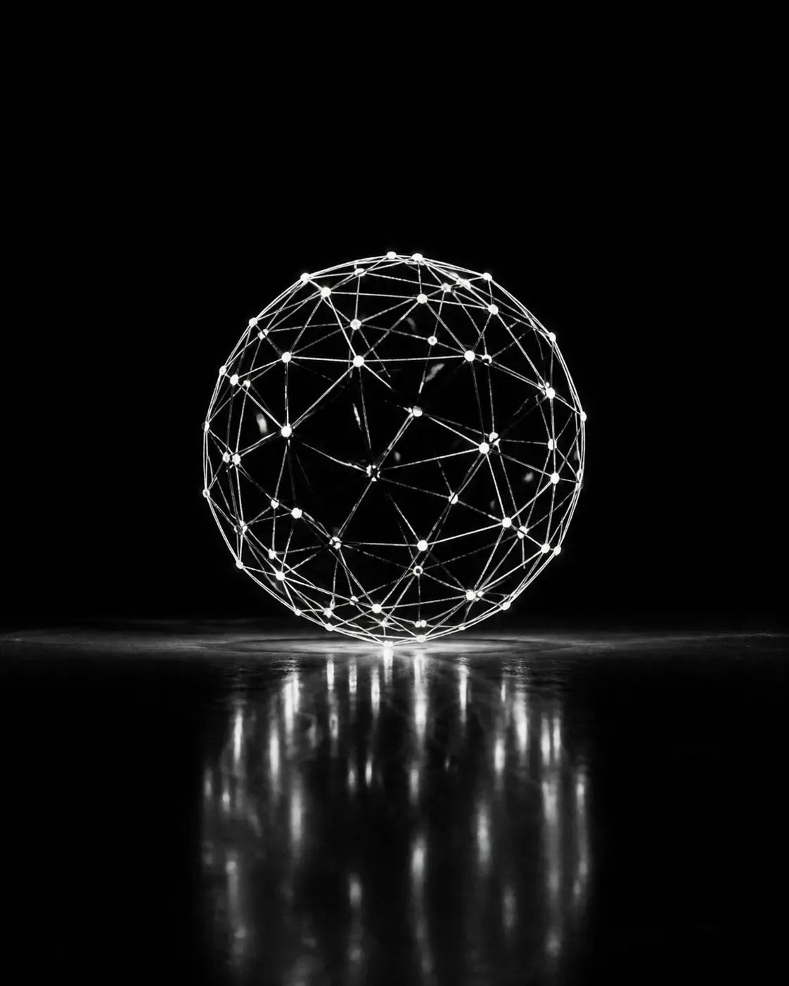 White wireframe sphere glowing over a dark reflective surface