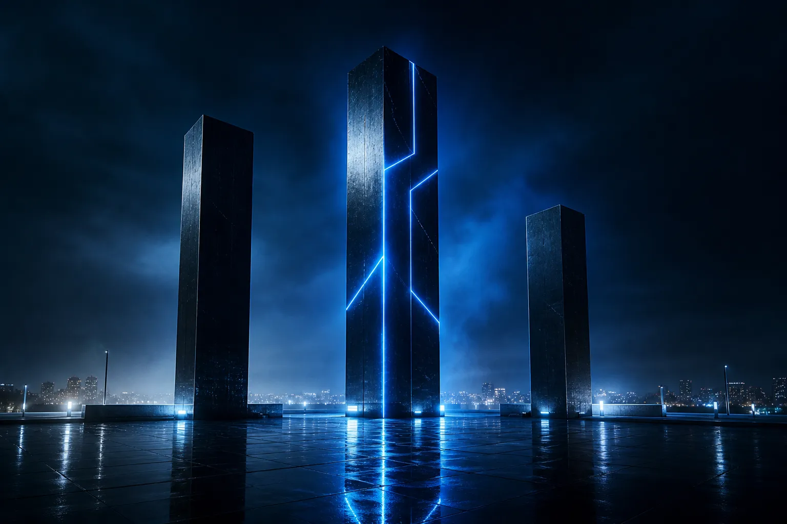 Three obsidian monoliths at night, the middle one traced with blue light