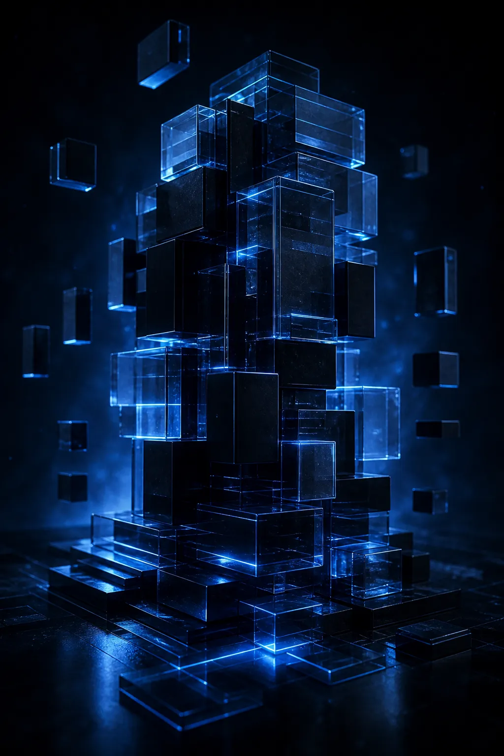 Glass and obsidian blocks assembling into a glowing structure