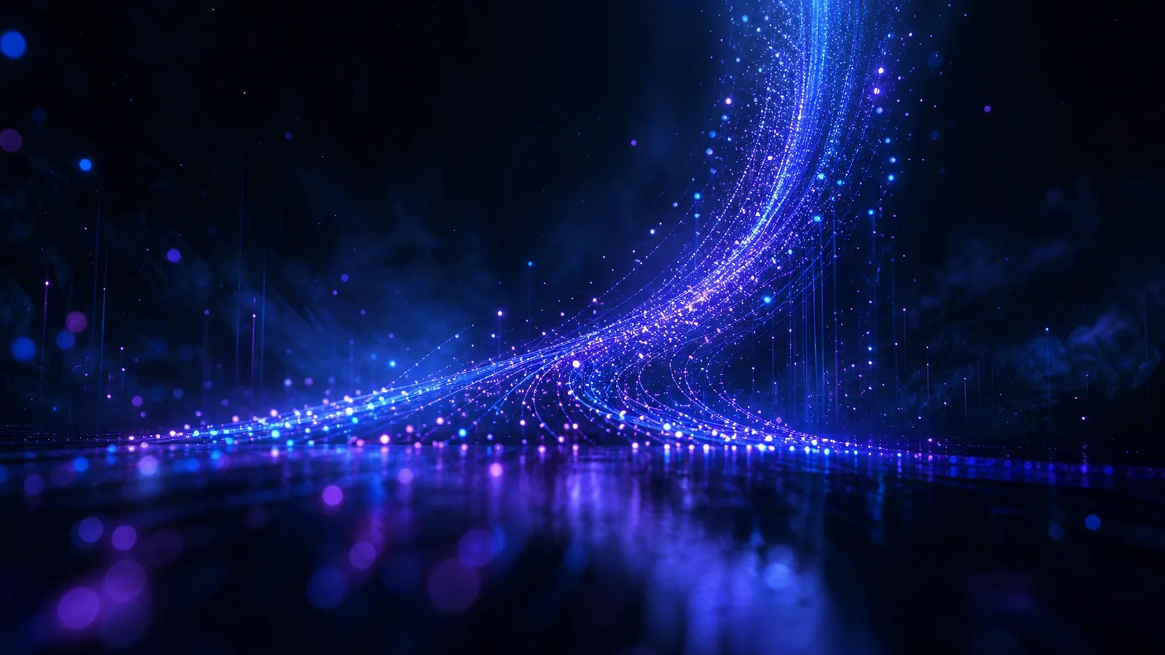 Streams of electric blue light rising through a dark void