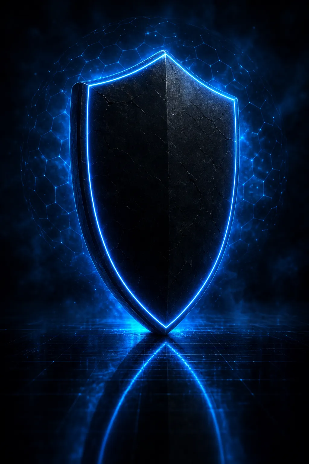 Obsidian shield-like slab with a glowing blue seam