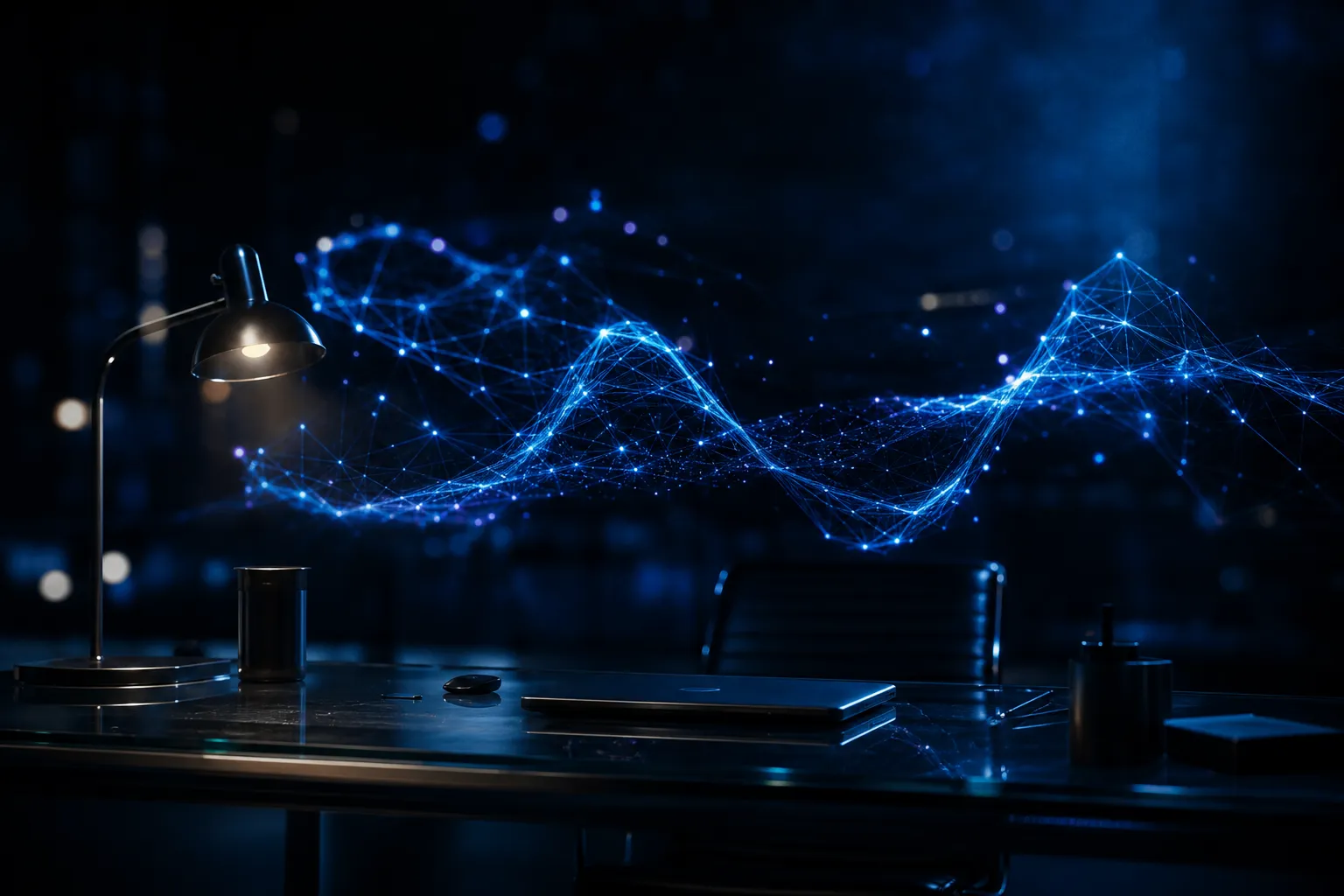 Dark studio desk with a floating holographic mesh of electric blue light