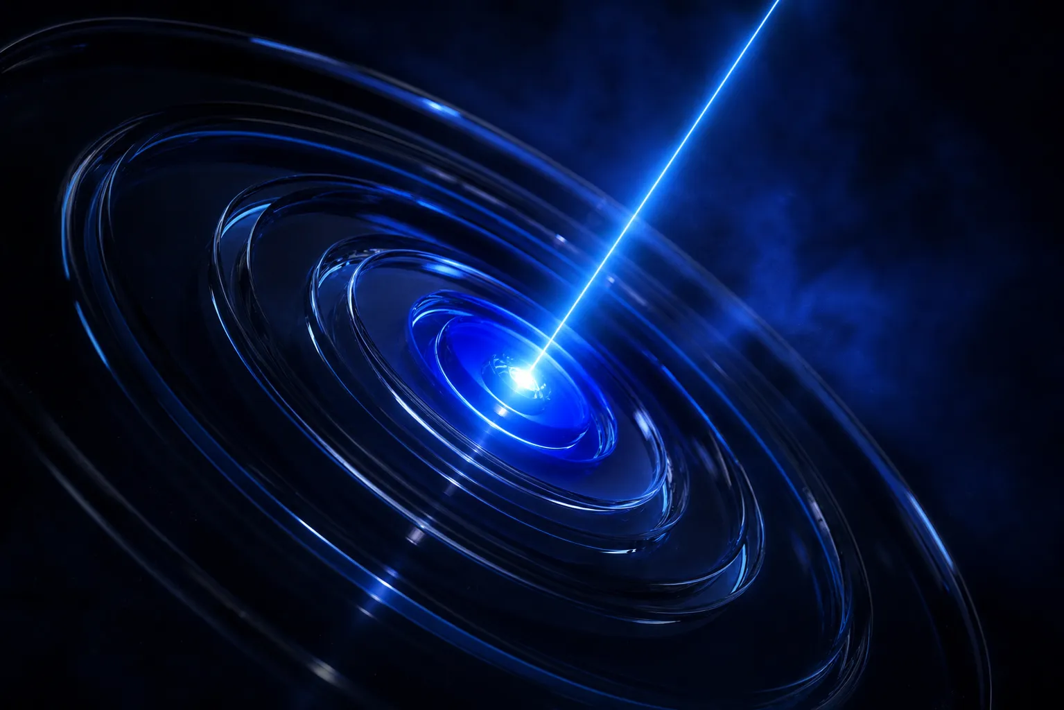 Dark glass target rings with a glowing electric blue core