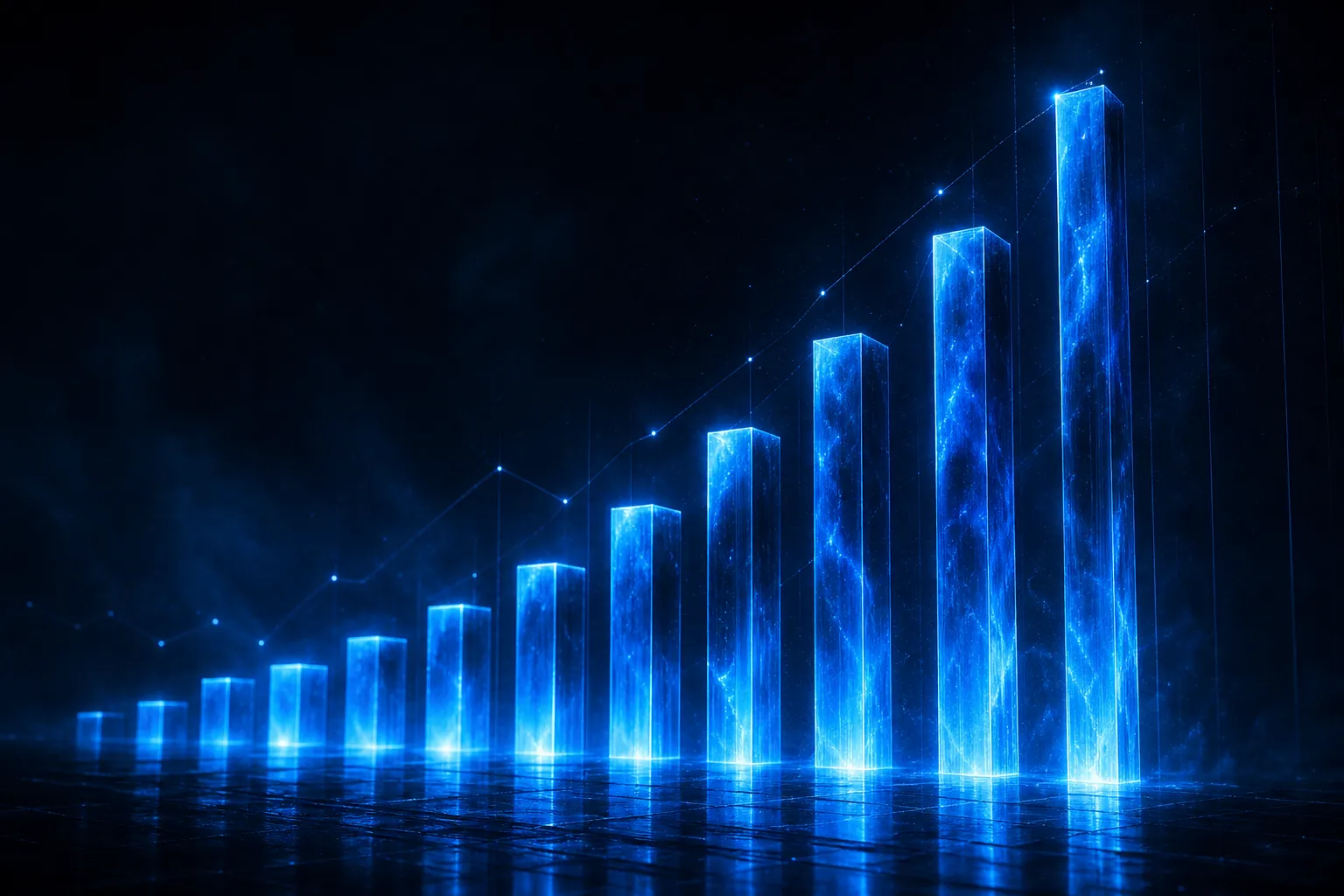 Columns of glowing blue light rising like a monumental bar chart