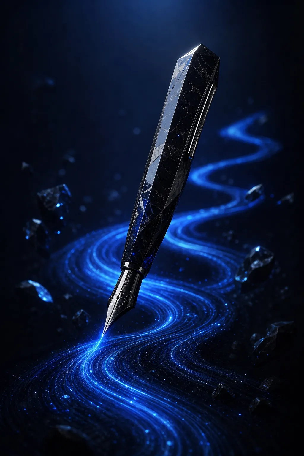 Obsidian monolith drawing a ribbon of flowing blue light