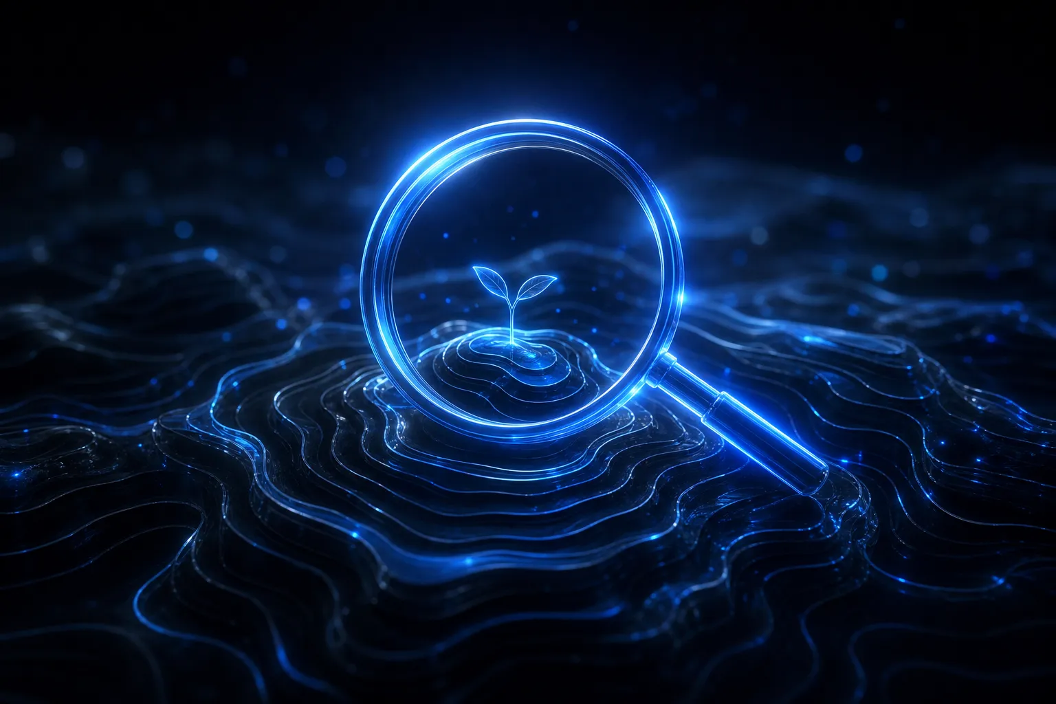 Glowing blue lens ring hovering over dark glass terrain contours