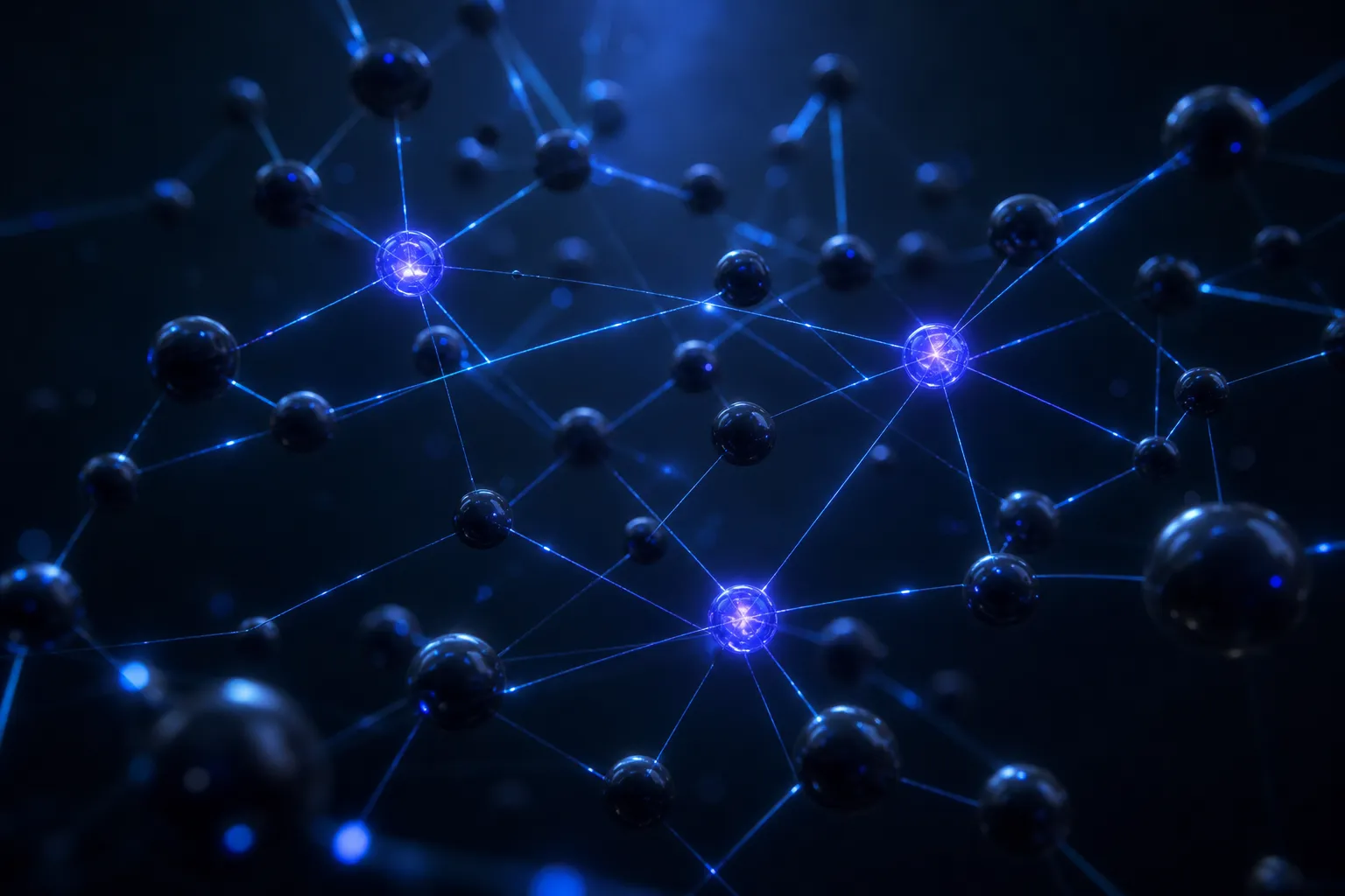 Dark spheres connected by glowing blue light threads
